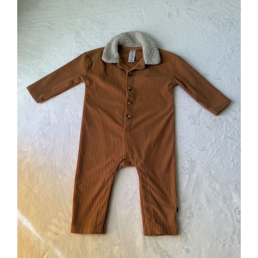 modern moments Brown Knit Coverall One-Piece 12M Sherpa Collar Button